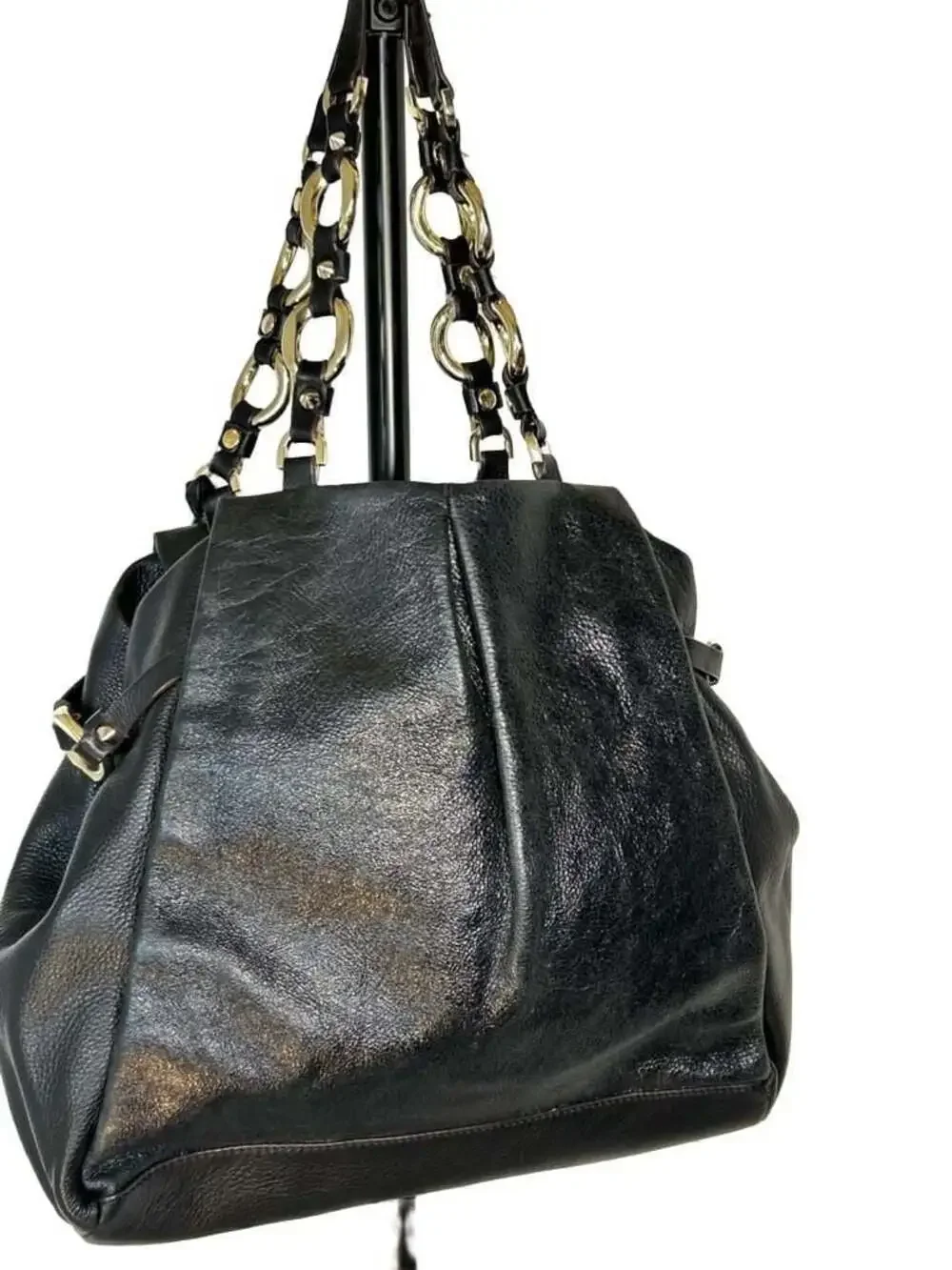 Vince Camuto Black Pebbled Leather Hobo Shoulder Bag with Gold-Tone Chain Link D